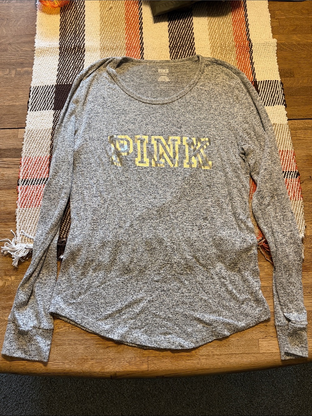 PINK Victoria's Secret Heather Gray Long Sleeve Top with Gold Logo